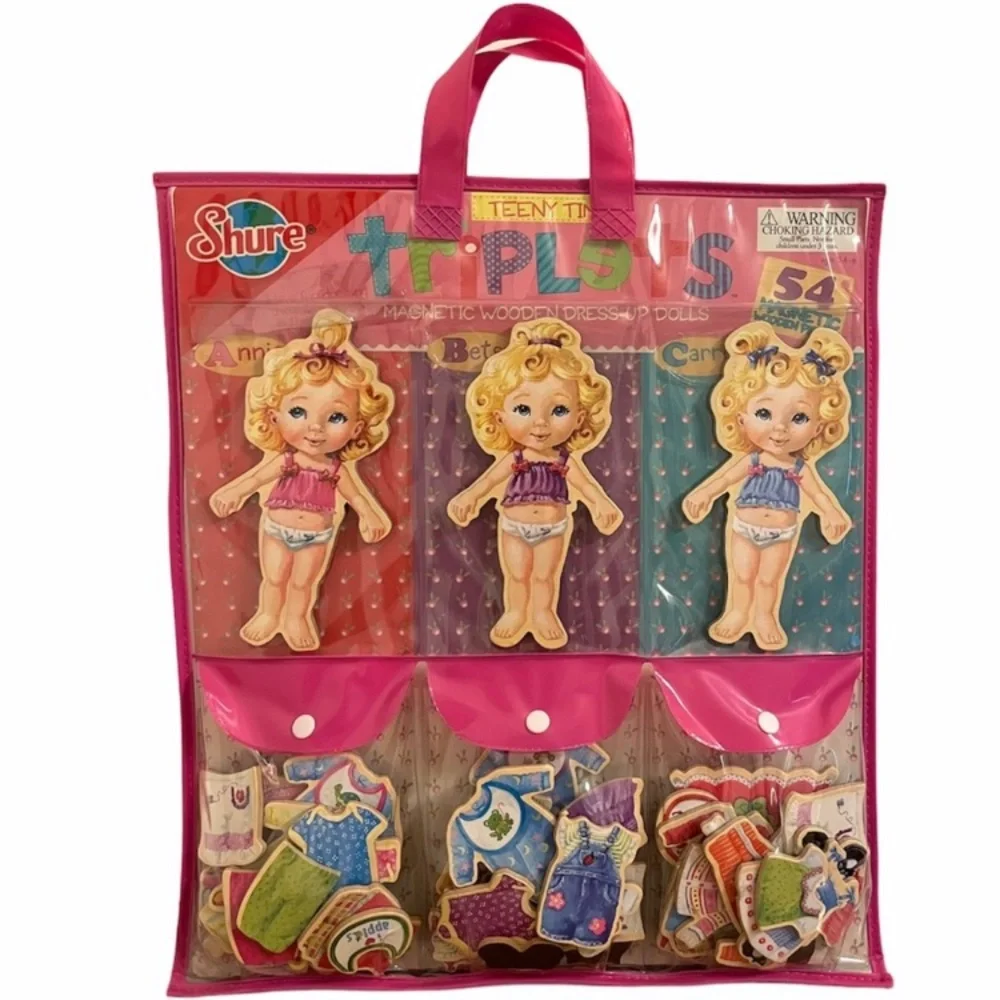 Vintage Wooden Doll Dress Up Set Magnetic Hard Wood Paper Dolls Outfits Tote Bag